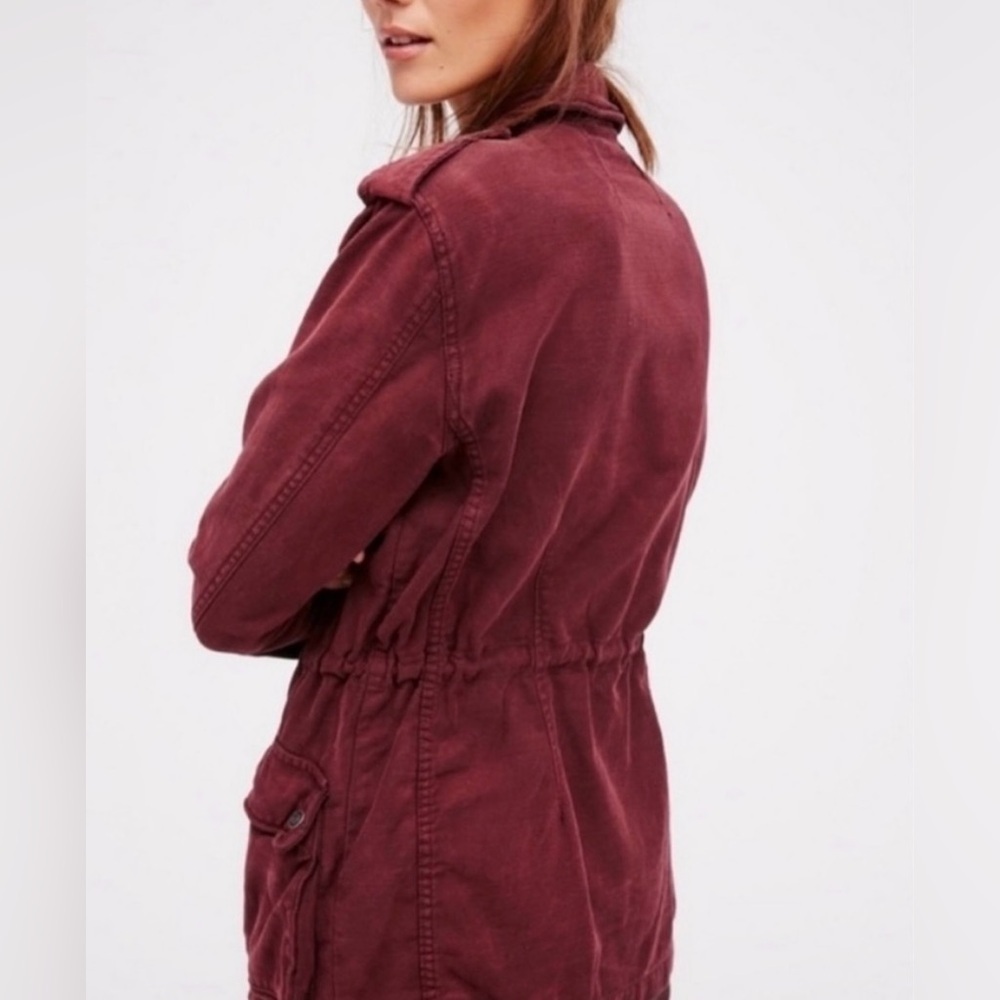 Free People Cargo Utility Jacket 100% Cotton Pockets Burgundy Size XS Oversized - Picture 2 of 7